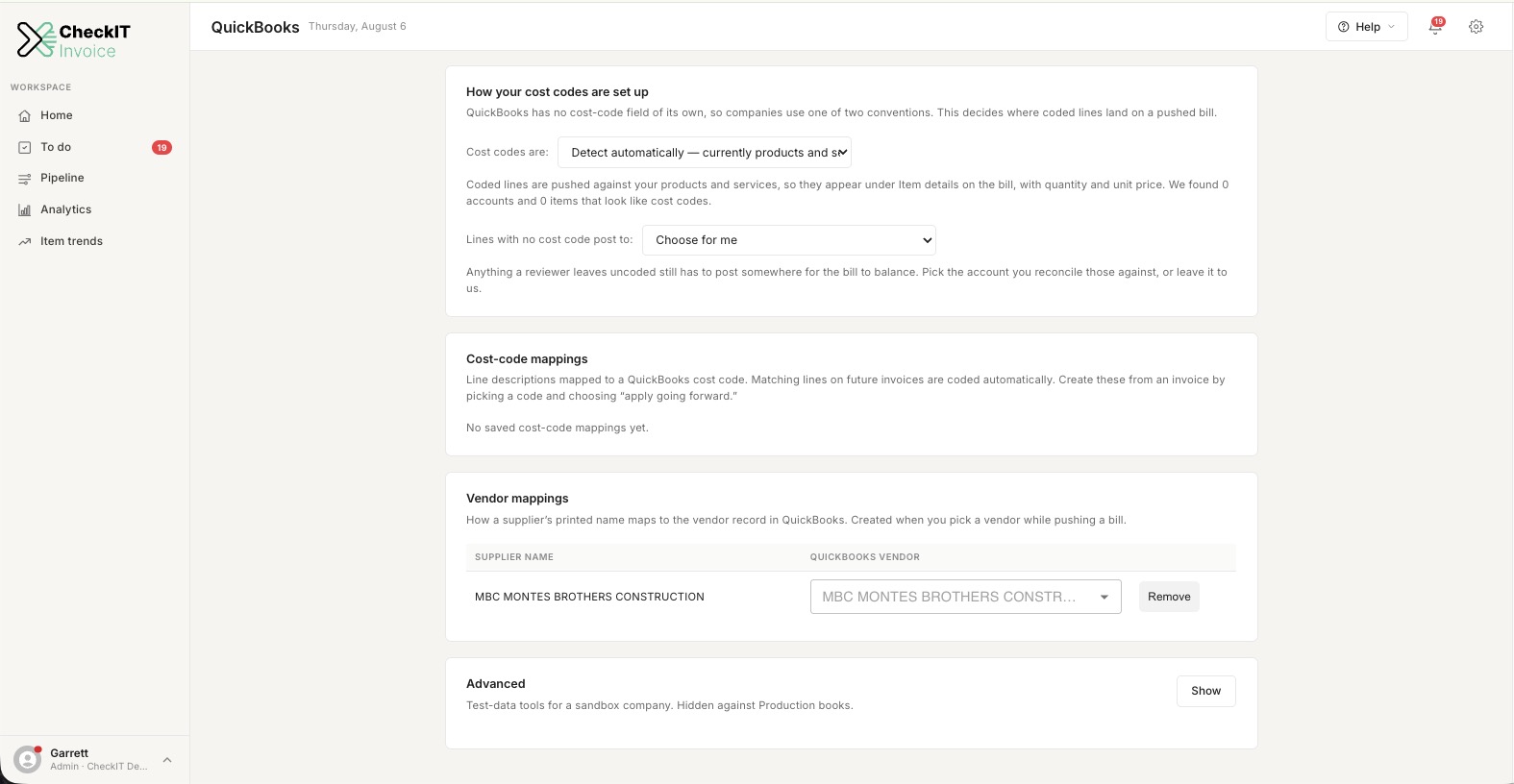 CheckIT's QuickBooks settings screen: cost-code conventions detected automatically from the client's file, line-to-cost-code mappings saved from real invoices, and supplier names mapped to existing QuickBooks vendors.